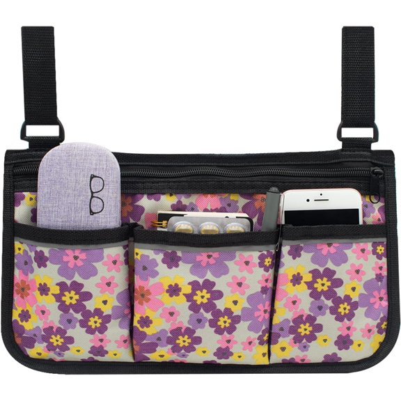 Wheelchair Side Bag, Wheelchair Accessories, Wheelchair Armrest Bag Storage Pouch to Hang on Side, with Reflective Stripes, Fits Mobility Scooter, Walker, Rollator, Floral Design