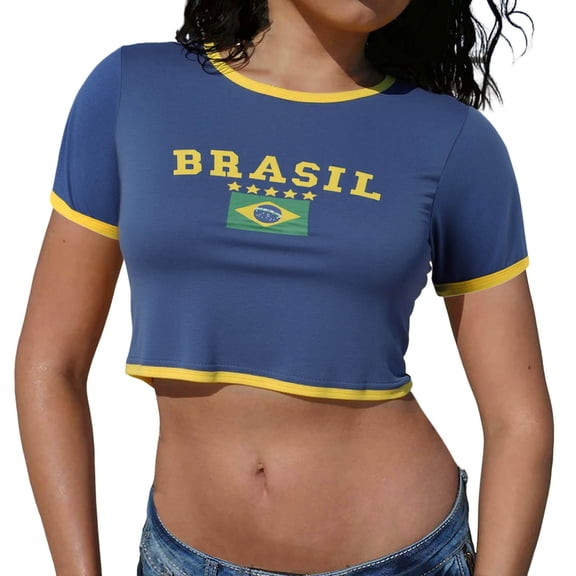 Women's Casual T Shirts Brasil Print Short Sleeve Spring Tees 2026 Crewneck Summer Trendy Tops