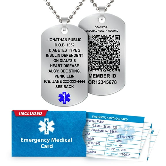 QR Medical Alert Dog Tags Necklace - Custom Engraved 9 Lines - 27” Chain - Emergency Medical Card/ Unlimited Personal Health Record Access