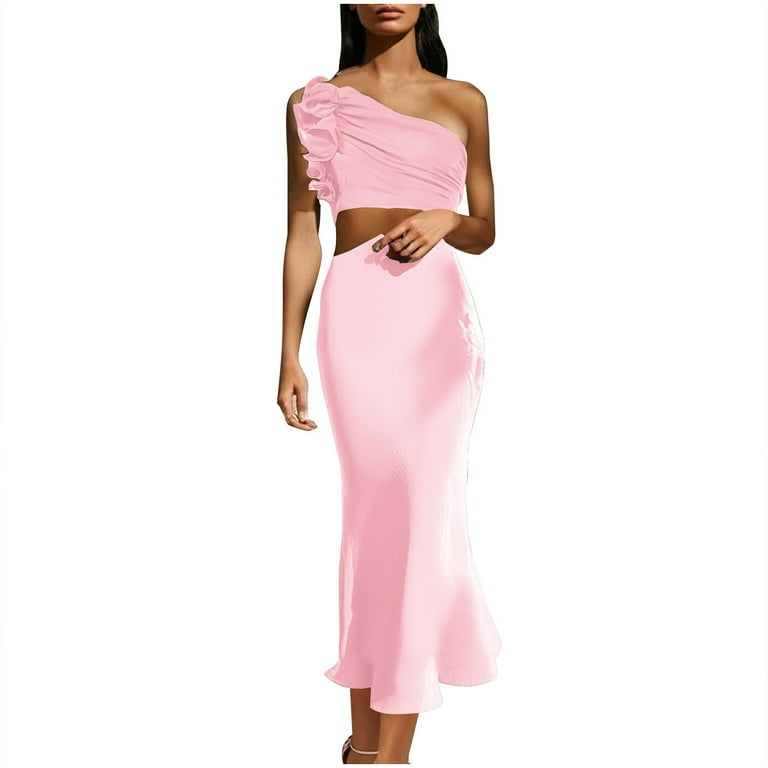 Lovskoo Women's Elegant Ruched Maxi Dress One Shoulder Crop Top And High  Waist Maxi Skirt 2 Pieces Sets for Party Holiday Bridesmaid Pink -  Walmart.com