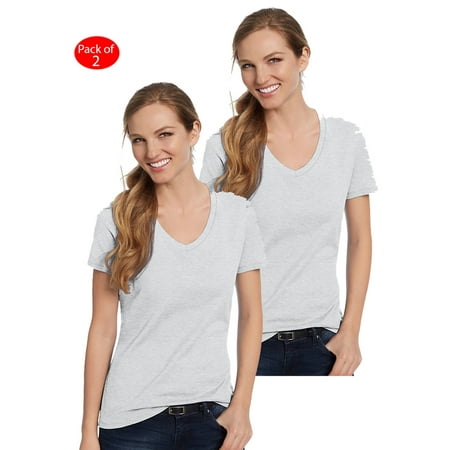 Hanes Women's Nano-T; V-Neck T-Shirt, Color: Ash, Size: L --- PACK OF 2 (Women's Athleticwear - Original Company