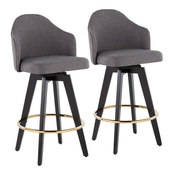 LumiSource Black Wood, Gold Metal, Grey Fabric Ahoy 26" Counter Stool - Set of 2