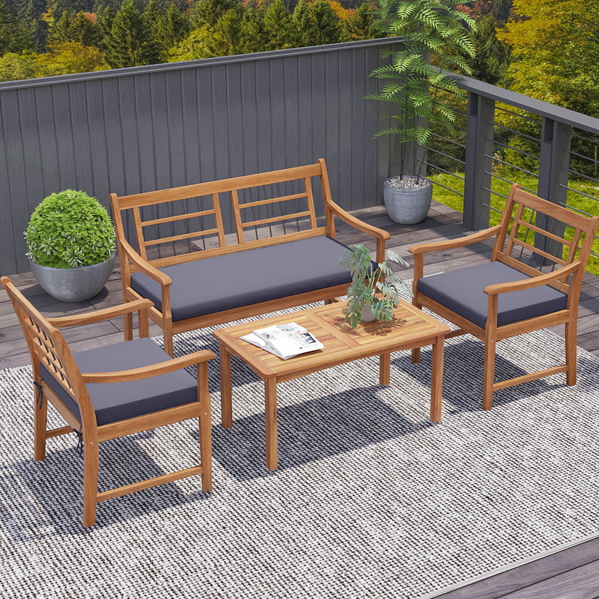 Costway 4 PCS Wood Patio Furniture Set with Soft Seat Cushions Solid Acacia Wood Frame Gray