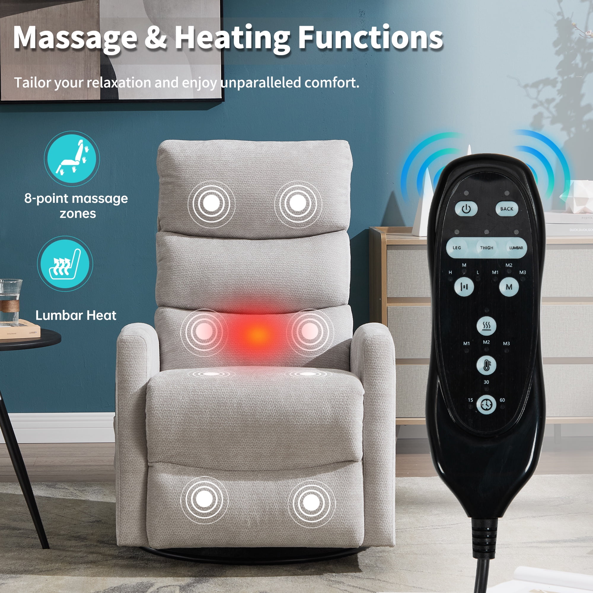 HSUNNS 360° Swivel Rocker Recliner Chair with Heat Massage, Chenille Manual Single Rocker Sofa Recliner Chair with Side Pockets for Living Room Home Theater, Grey
