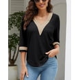 thumbnail image 2 of Women's Casual 3/4 Sleeve Shirts Lace V Neck Color Block Dressy Tops Trendy Hollow Floral Blouses T Shirts S-XXL, 2 of 13