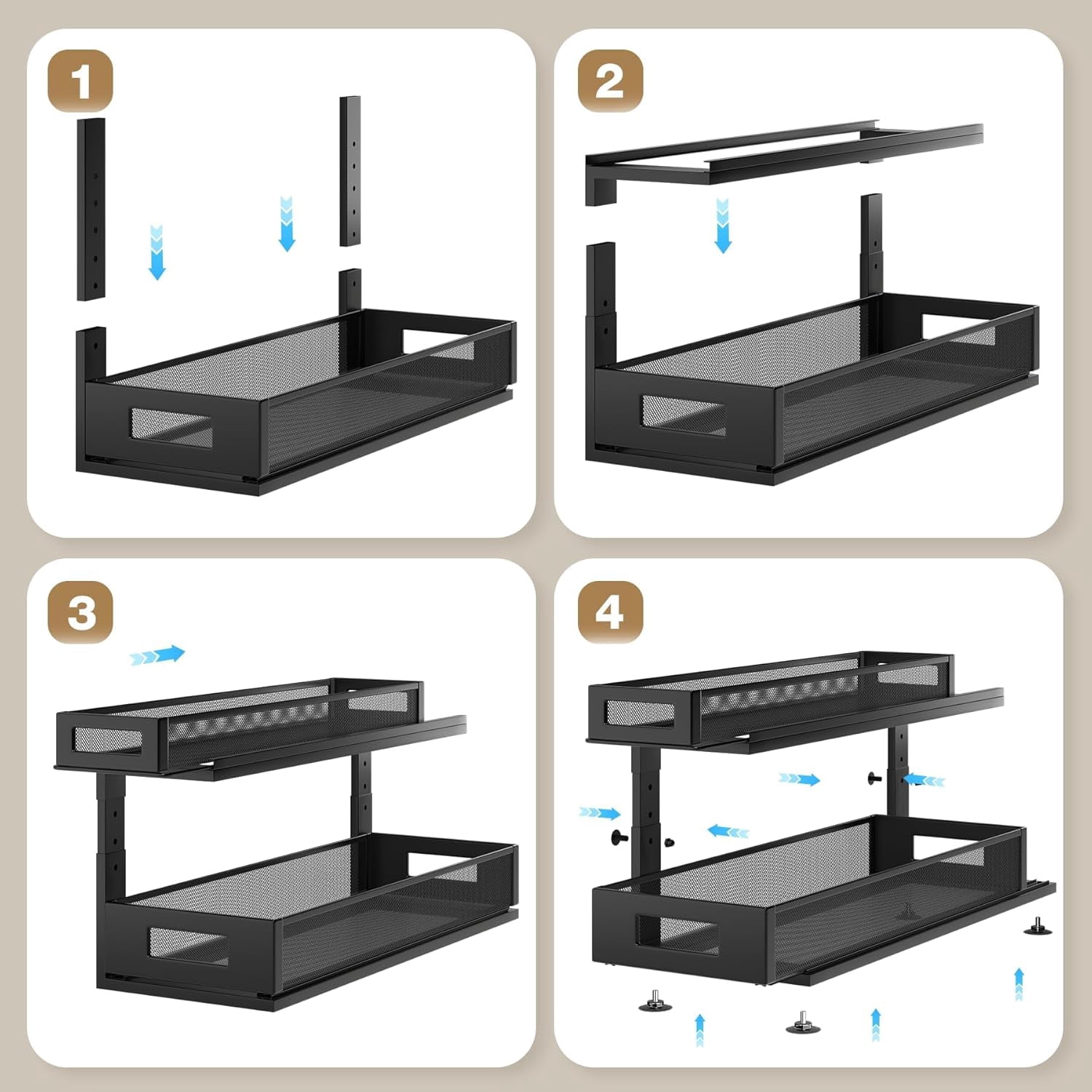 2 Pack 21.3IN-Depth Under Sink Organizer with Next-Gen Ball-Bearing Slides,2-Tier Pull Out Cabinet Storage,Height Adjustable Drawer Shelf for Bathroom,Kitchen,Laundry,Cabinet,Pantry-Black