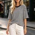 thumbnail image 4 of Summer Tops for Women Vacation Outfits Trendy Crewneck Striped Short Sleeve Shirts Loose fit Breathable T Shirts | CSEONE,Black L, 4 of 8