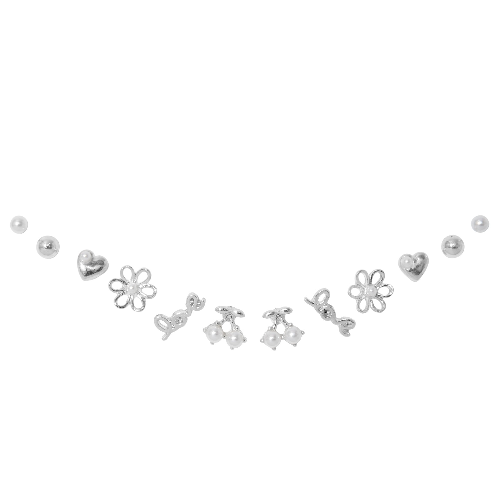 Claire's Tween Girls Stackable Silver Flower, Cherry, and Pearl Stud Earrings, 6-Pack