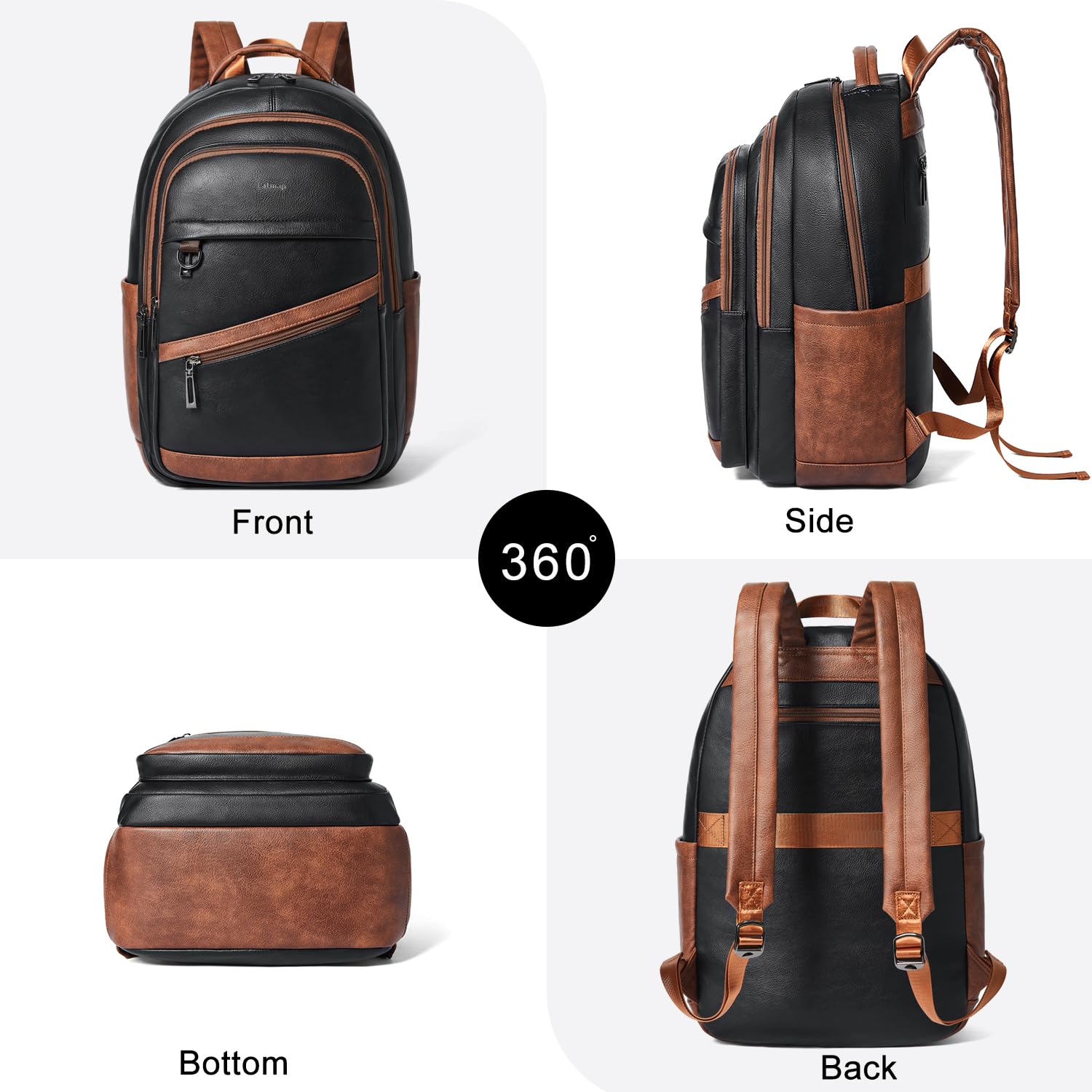 43L Vegan Leather Backpack for Women & Men, Travel Carry On Backpack, College Bookbag, Work Laptop Backpack fits 17 inch Laptop，Black&Brown