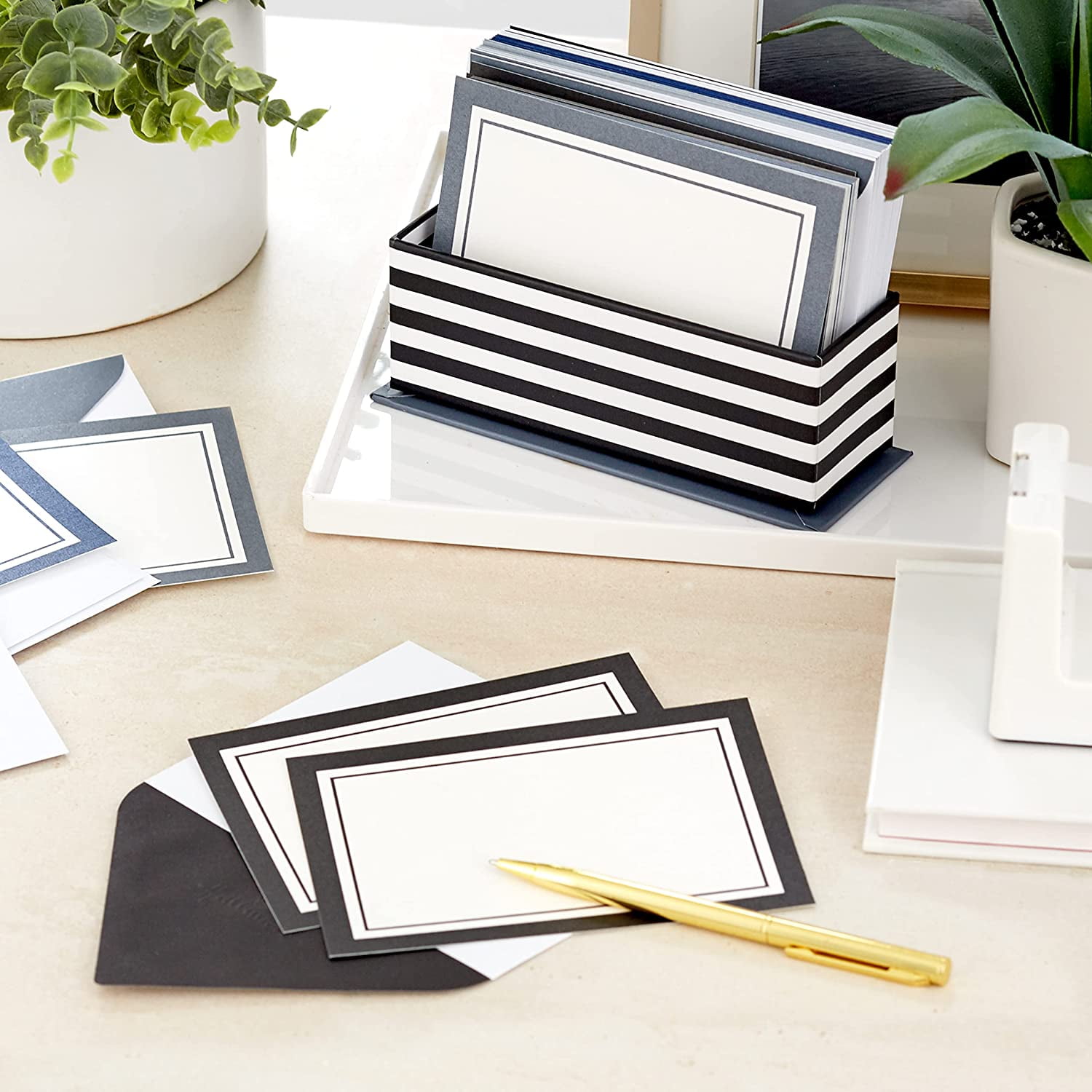Blank Cards Assortment with Organizer, Black & White Stripes (40 Note Envelopes) for Graduation, Just Because, All Occasion