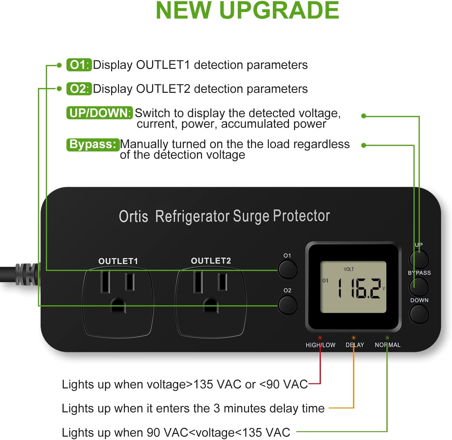 Ortis Refrigerator 2-Outlet Surge Protector, Black
