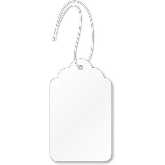#9 Merchandise Tag (3.25" x 2/3-1/4" x 2"), White 12-Pt. Cardstock, Scalloped Top w Hole, 4" Knotted String Attached - Box of 1,000 Tags