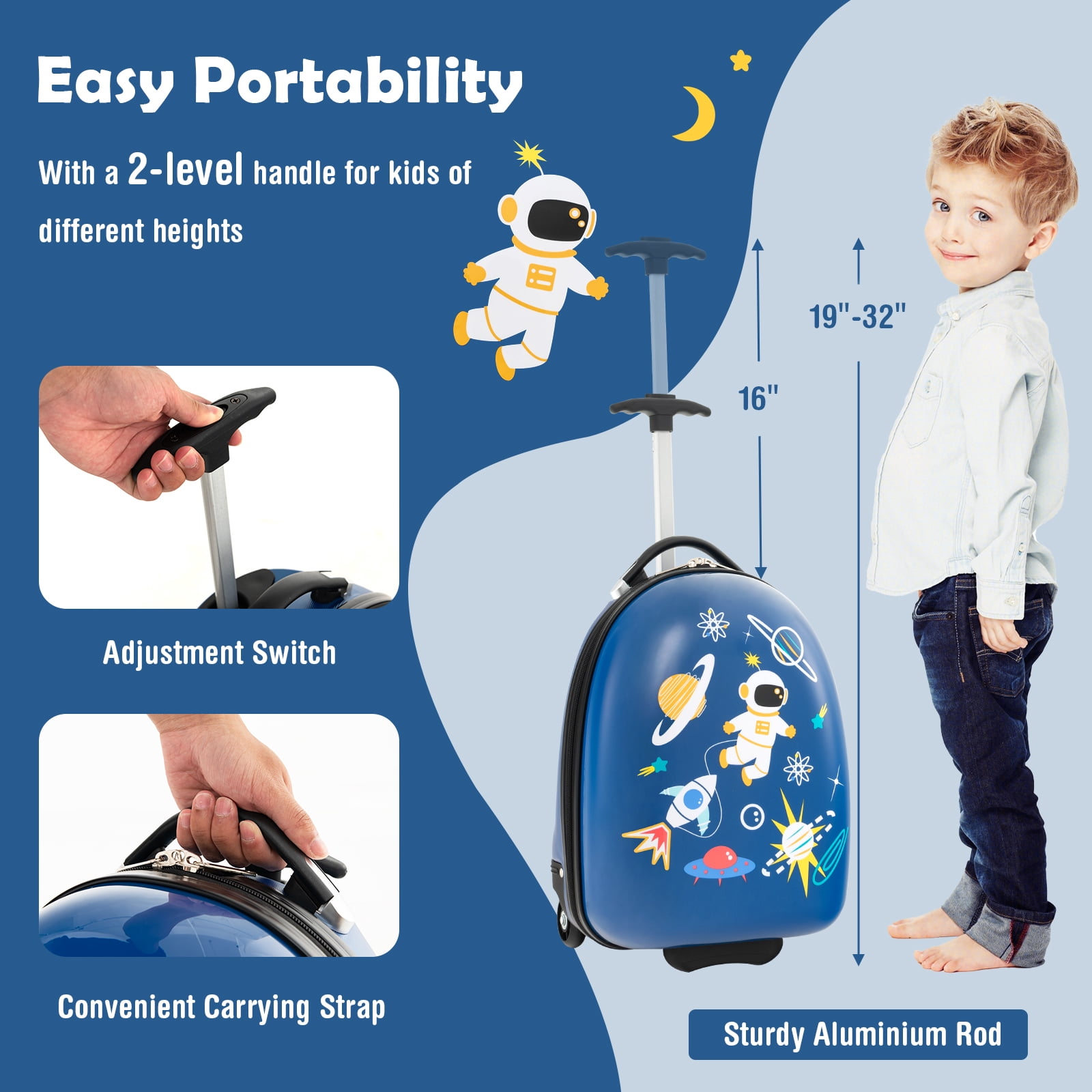 Infans 16" Kids Carry-On Luggage with Wheels w/ 2-Level Aluminum Handle Suitcase Blue
