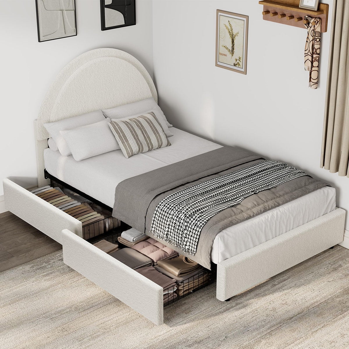 Danolapsi Queen Size Bed Frame with Storage Drawers, Upholstered Boucle Platform Bed with Round Headboard, Heavy Duty & Noise Free, No Box Spring Needed