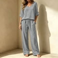 thumbnail image 6 of Zynoxe Linen Sets for Women Two Piece Summer Ruched V-neck Top Wide Leg Pants with Pockets Fashion Lounge Vacation Beach OutfitsGray2XL, 6 of 7
