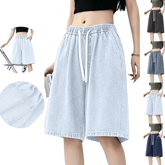 Denim Bermuda Shorts for Women Elastic Drawstring Waist Washed Jean Look Baggy Wide Leg Knee Length Casual Shorts for Summer Travel Vacation Streetwear and Everyday Wear