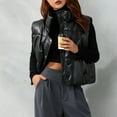 thumbnail image 3 of Women Faux Leather Puffer Vest Stand Collar Sleeveless Padded Waistcoat Zip-Up Button Quilted Jacket Warm Outerwear, 3 of 7