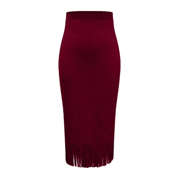 Suede Skirts for Women Fall Winter Midi Pencil Skirt with Tassel Deep Red XL