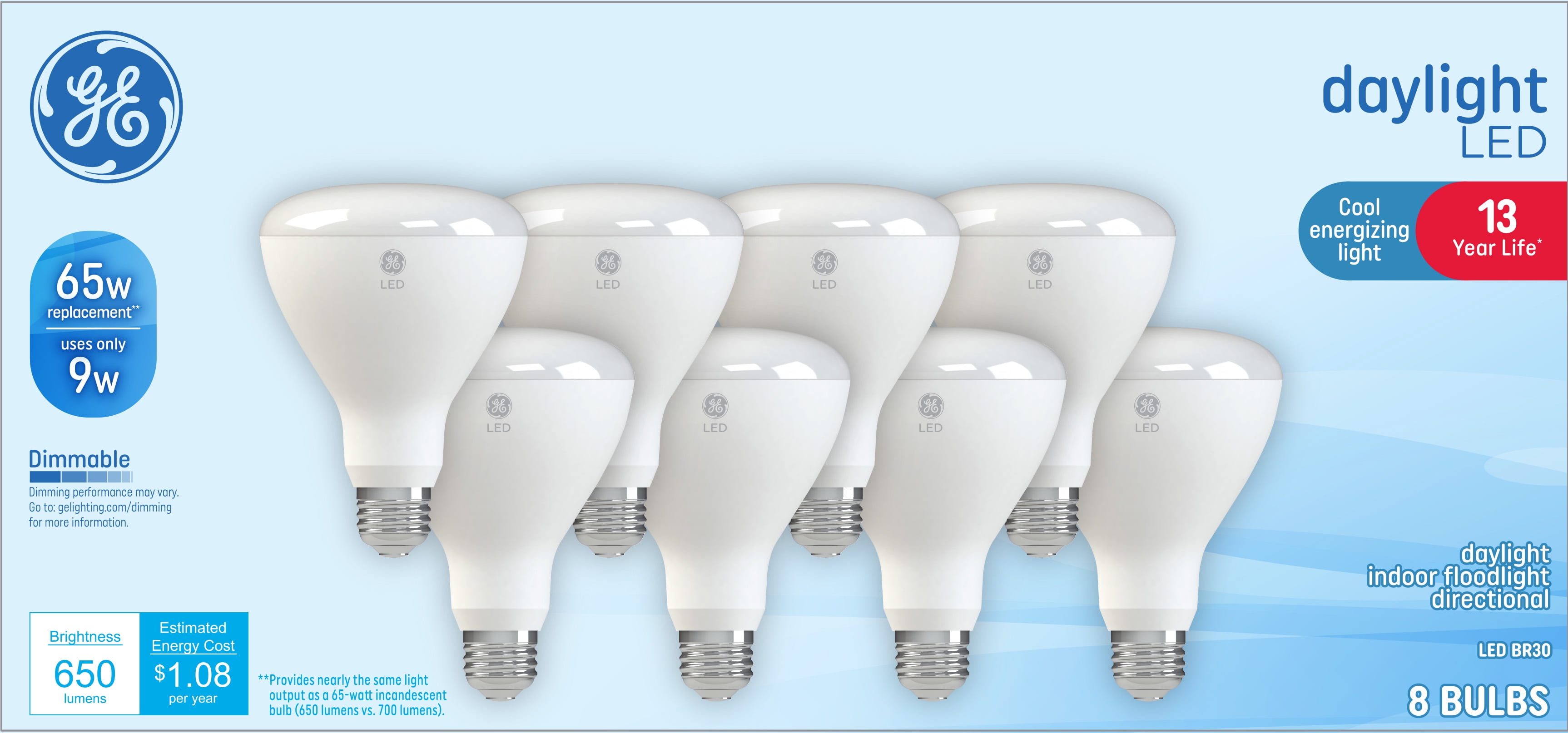 GE Daylight LED Floodlight Bulbs, 65 Watt Eqv, BR30 Indoor Floodlights, 13 year, 8pk
