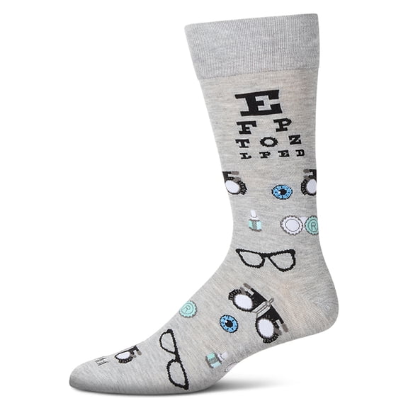 MeMoi Men's "Eye Exam" Rayon Blend Novelty Crew Sock - Mens - Male, 10-13, Light Gray Heather