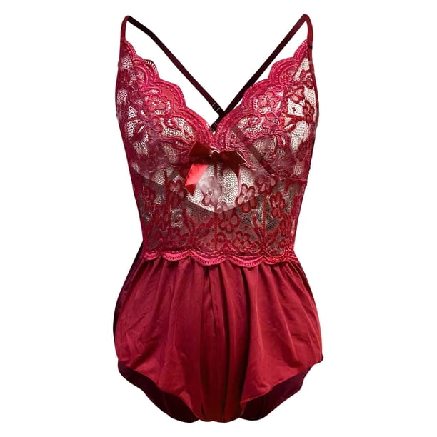 Camisón sexy con tirantes de encaje para mujer, pijama sexy de una pieza con archivo abierto, vino/m