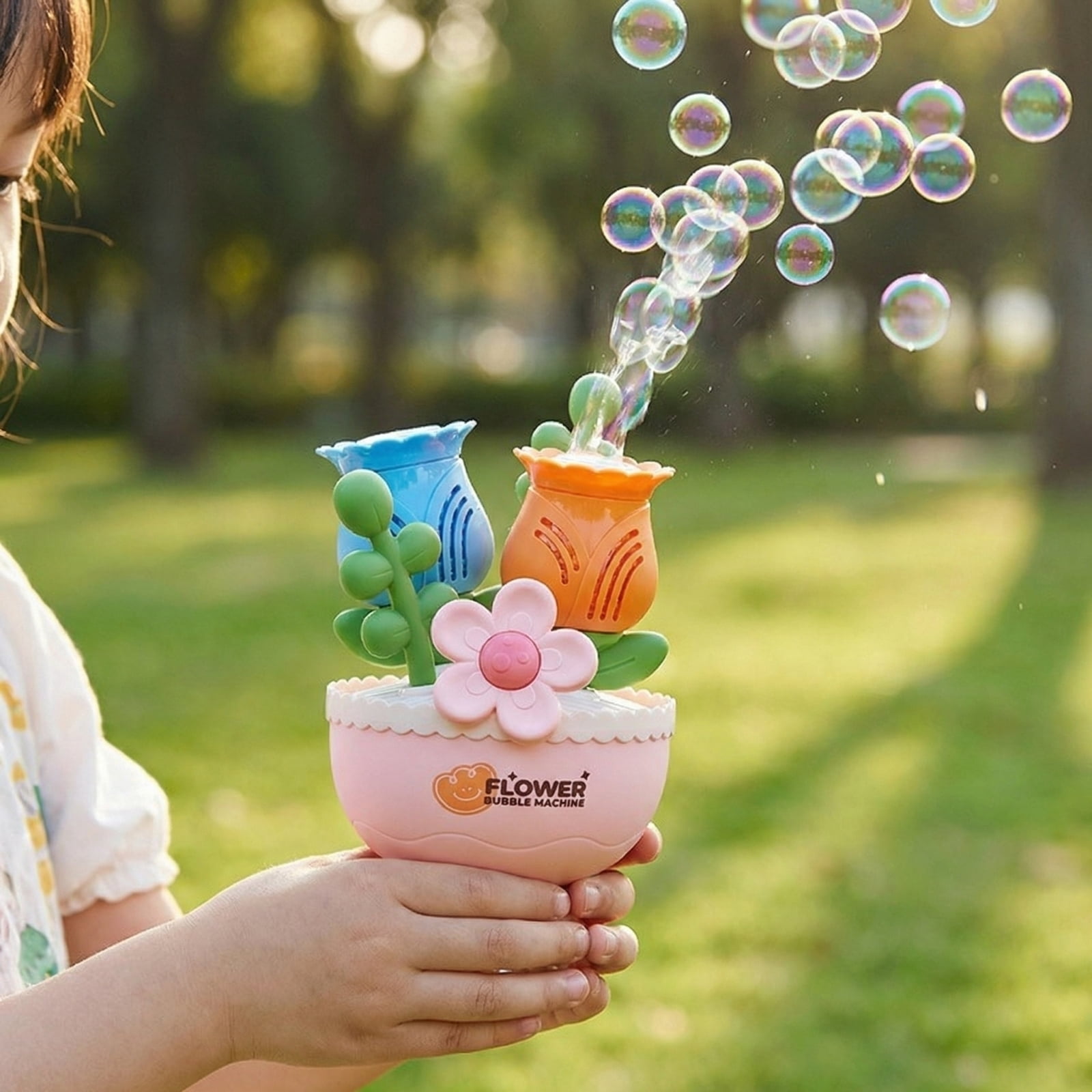 Bouquet Bubble Machine, Rechargeable Flower Bubble Blower with Automatic Bubble Output, Handheld Plastic Bubble Maker for Wedding Party Festival Event (White)