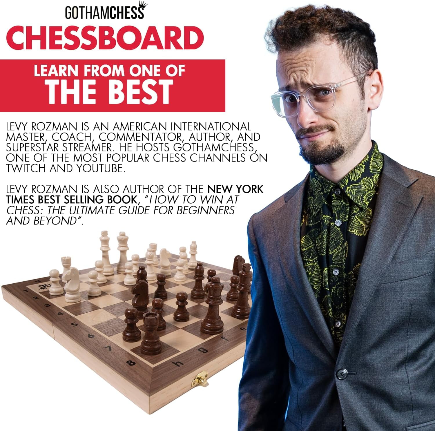 GothamChess, Chess Game board , Premium Wooden Finish Folding Board with Magnetic Pieces, Brown