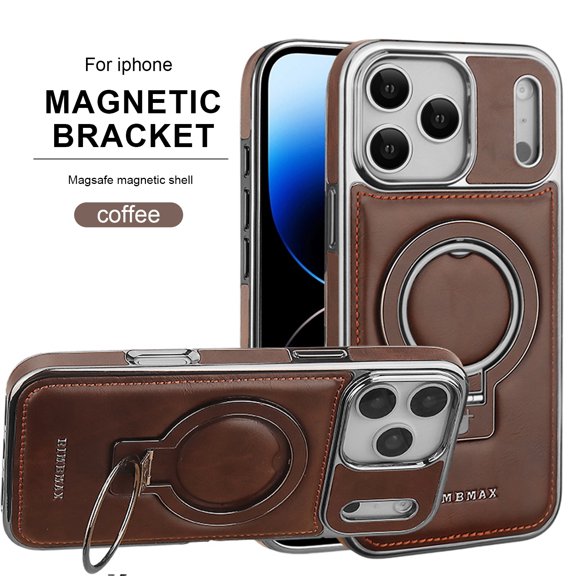 ELEHOLD Magnetic Ring Stand Case for iPhone 17 Case, Luxury PU Leather Shockproof Non-Slip Magnetic Invisible Ring Stand Protective Phone Case for iPhone 17, Darkbrown