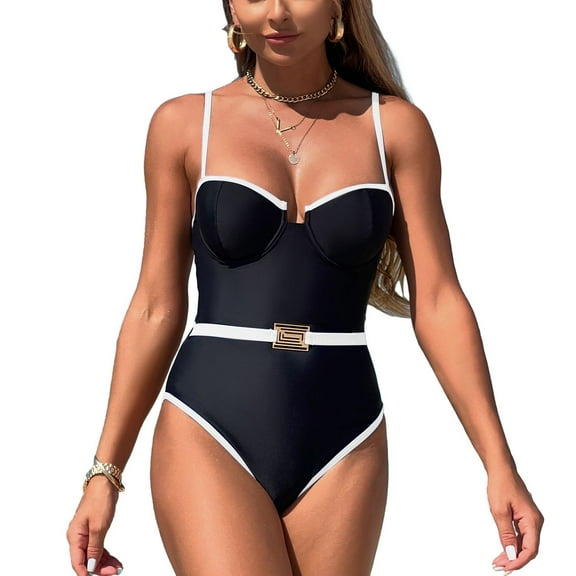 SWSMCLT Women's Sexy Swimsuit Vintage One Piece Swimsuit Adjustable Bathing Suit Padded Backless Summer Short Black Large