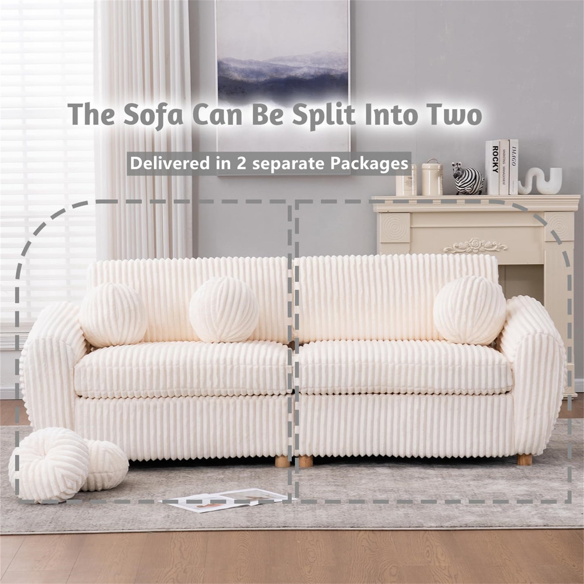 Aukfa 85" Modern Comfy Sofa, Upholstered Deep Seat Couch for Living Room, 5 Pillows, Corduroy, Beige