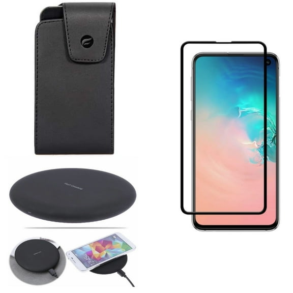 Galaxy S10e Wireless Charger w Case Belt Clip w Screen Protector - Fast 7.5W and 10W Charging Pad, Leather Swivel Holster, Tempered Glass 5D Curved Edge for Samsung Galaxy S10e Phone