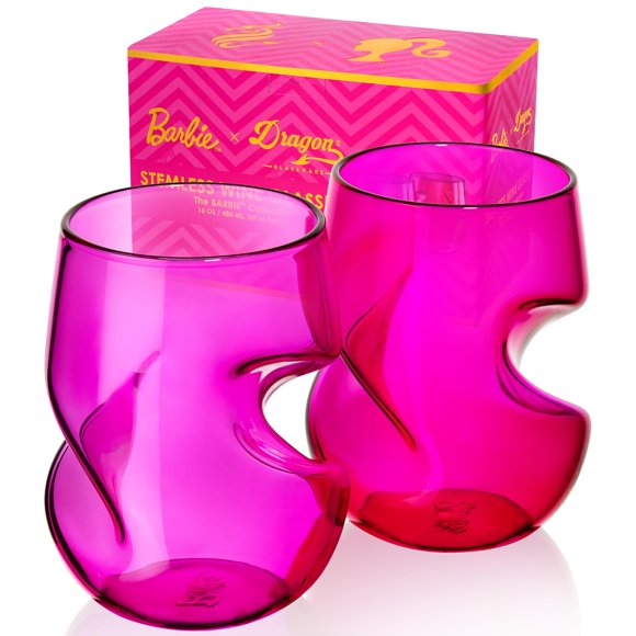 Dragon Glassware x Verres à Vin Barbie - 16 oz Verres à Vin Magenta & Rose Ensemble de 2 - Sans Pied avec Indentations de Doigt - Aère Naturellement - Cadeaux Barbie pour Femmes