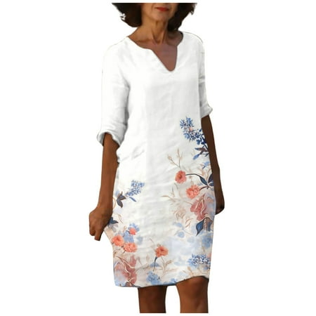 Blphud Cozy Dress for Women plus Size Dress for Women Casual Women s Summer Print Casual V Neck Dress Beach Short Sleeve Dress Women Dresses Summer Dresses Hot Pink M