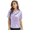 thumbnail image 2 of Zaldita Women's Shiny Metallic Short Sleeve T-shirt Holographic Top Blouse Dancewear Rave Festival Light Purple XXL, 2 of 7