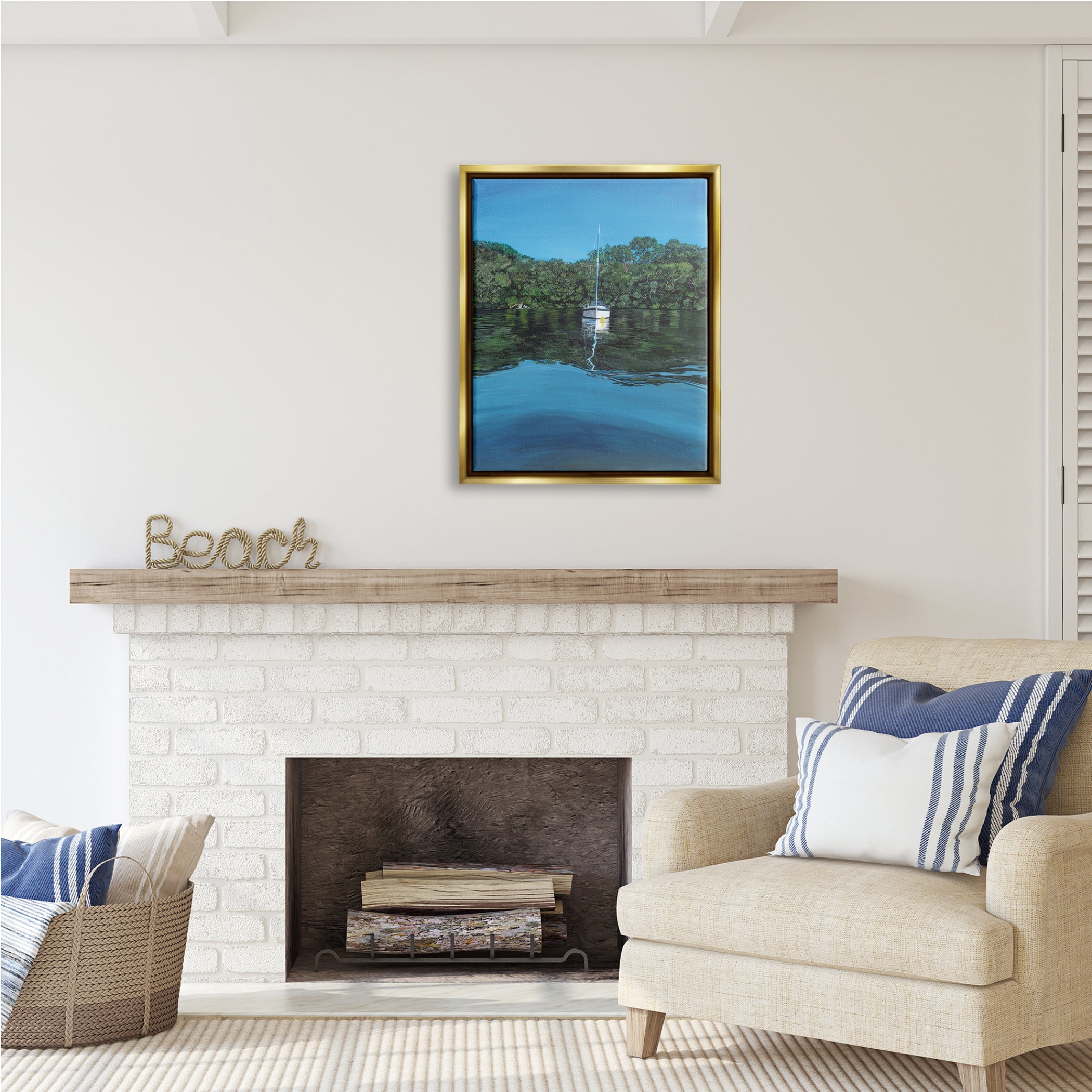 Stupell Industries Boat on Sea Ripples Transportation Painting Gold Floater Framed Art Print Wall Art, 25 x 31