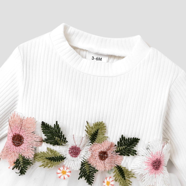 PatPat Baby Girl White Ribbed Long-sleeve Splicing Floral Embroidered Mesh  Dress - Walmart.com