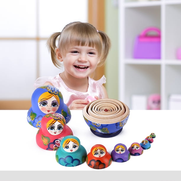 1 Juego de 10 piezas de madera rusa anidada muñeca pintura a mano chica azul Matryoshka Craft Likrtyny juguetes de los niños