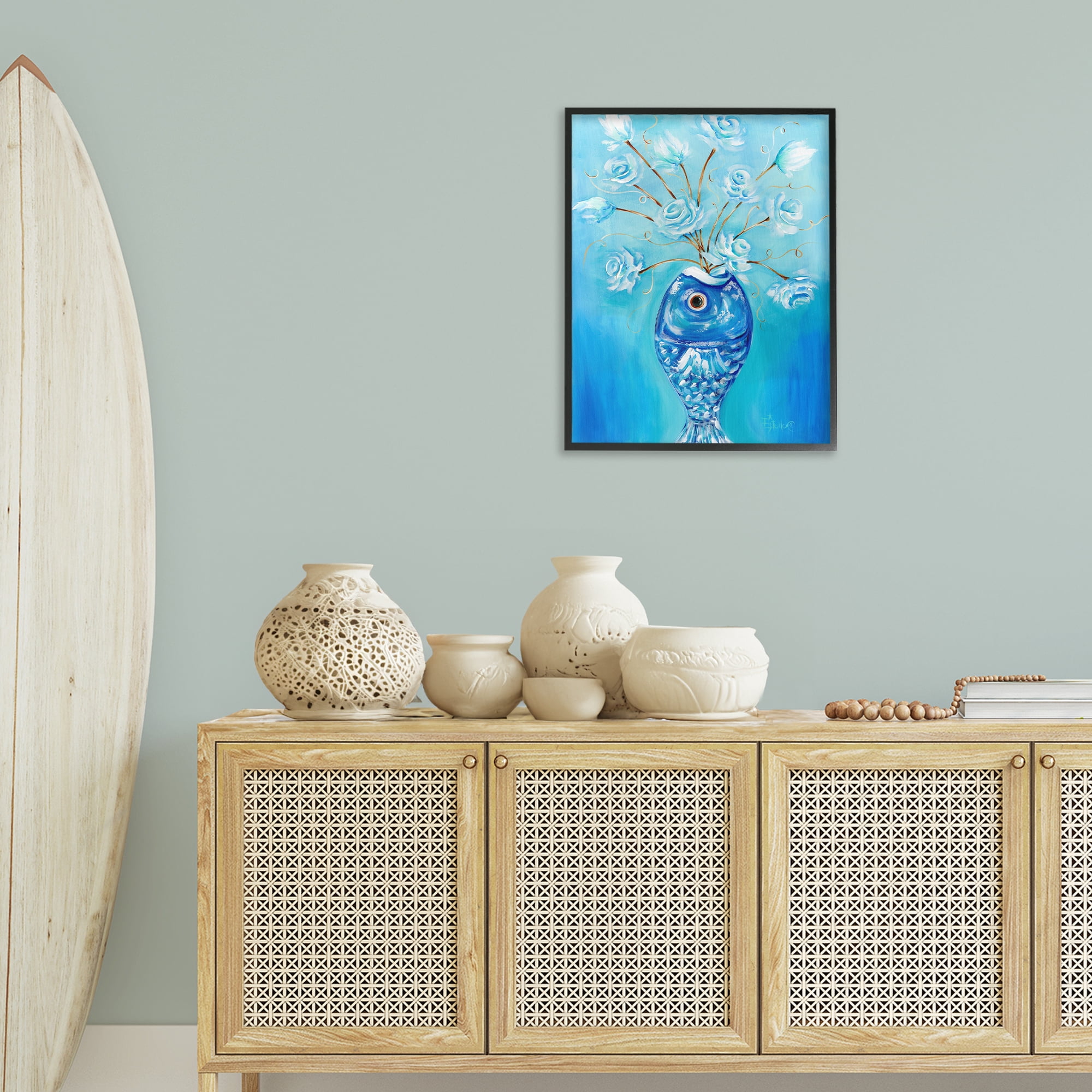 Stupell Industries Fish Vase Bouquet Botanical & Floral Painting Black Framed Art Print Wall Art, 24 x 30