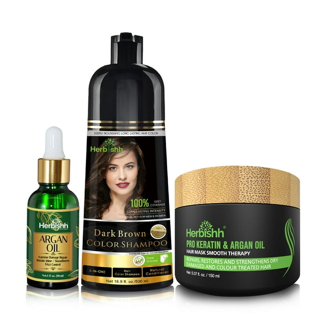 Herbishh Set para despues de la coloración-Alisado, Brillo y Protección para Hombres y Mujeres (Café Oscuro)