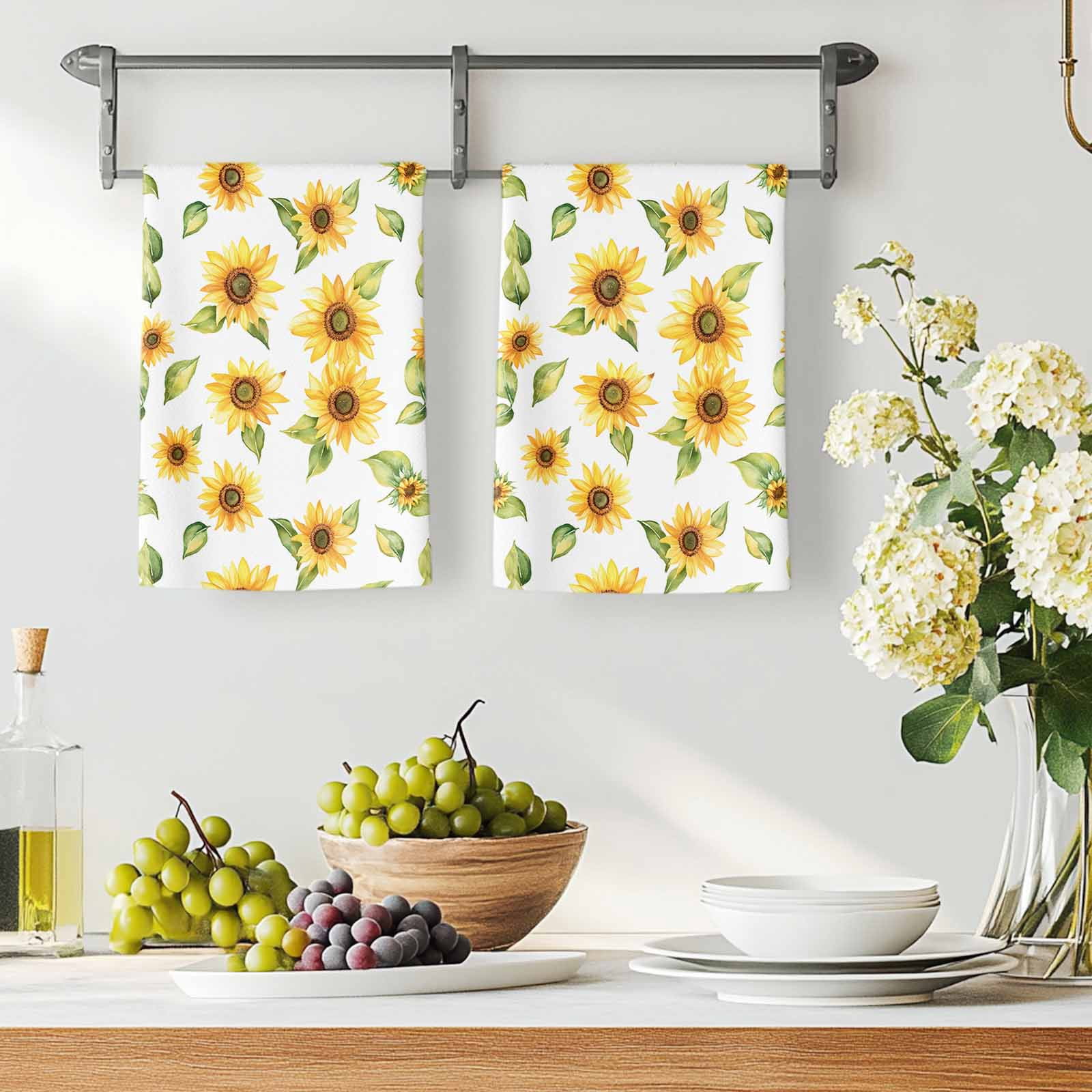 Summer Sunflowers Kitchen Towels Set of 2, Watercolor Botanical Floral Leaves Absorbent Dish Towels for Kitchen, Microfiber Hand Towel, Quick Drying Tea Towel for Cleaning Decorative Dishcloths