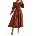 thumbnail image 2 of Fall Wedding Guest Dresses for Women Puff Long Sleeve Smocked Casual Crew Neck Tiered A Line Flowy Long Dress Brown S, 2 of 7