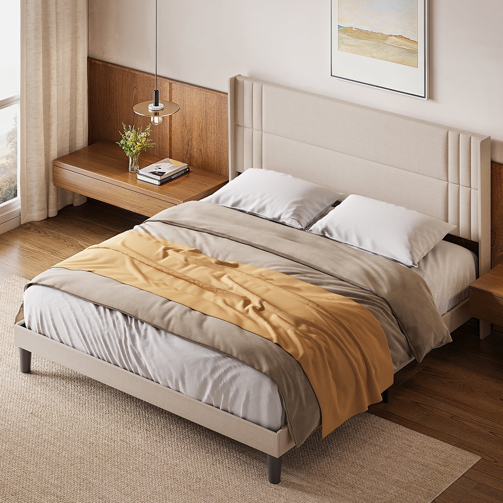 King Platform Bed Frame with Wingback Headboard, Wood Slat Support, Noise-Free, No Box Spring Needed, 850 lbs, Beige