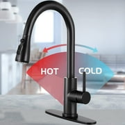 PHANCIR Kitchen Faucet with Pull Down Sprayer, High Arc Single Handle Kitchen Sink Faucets with Pause Button Premium with Deck Plate Suit to 1 or 3 Holes Black