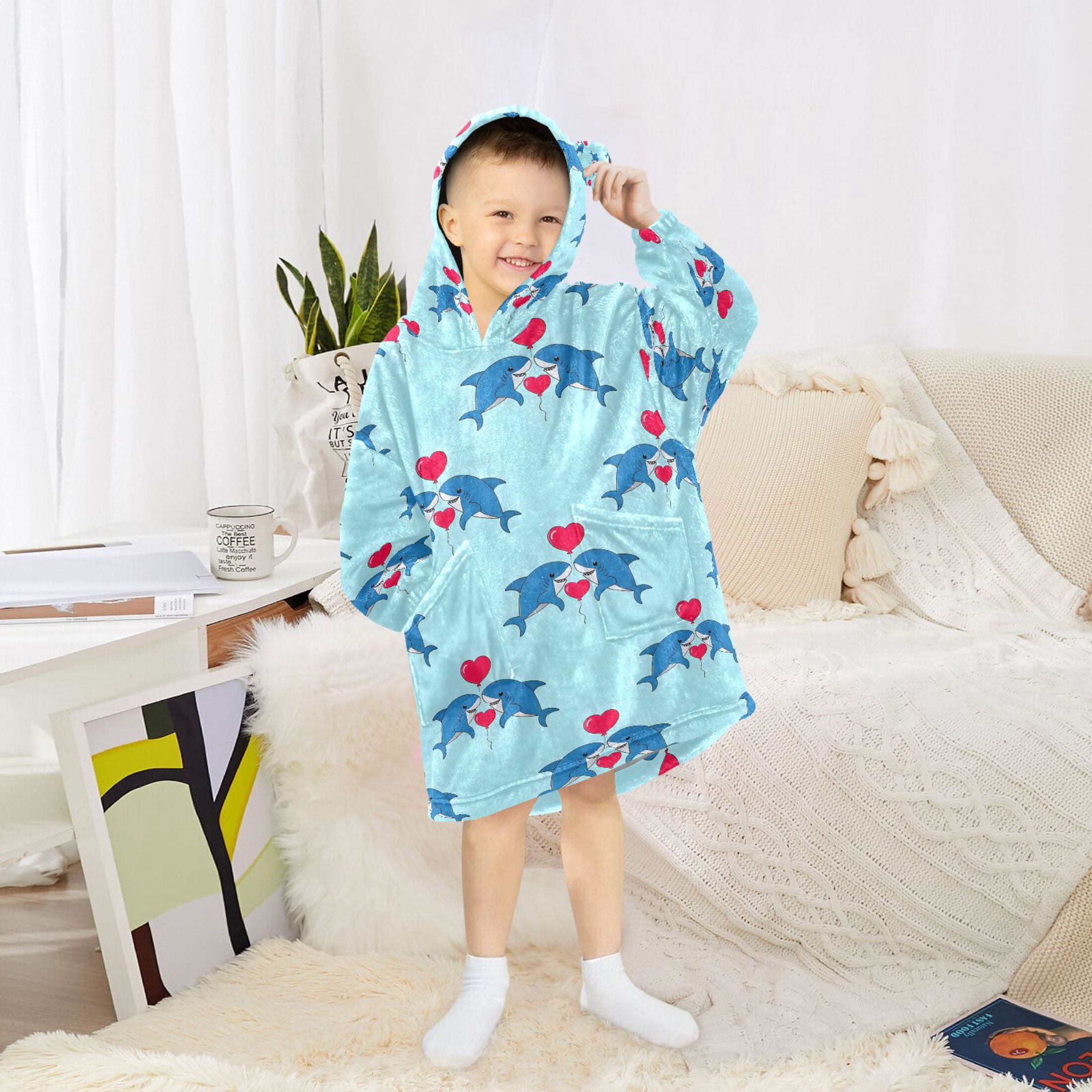 joogoo Blanket Hoodie for Shark and Hearts Oversize Sweatshirt 3-14 YR L