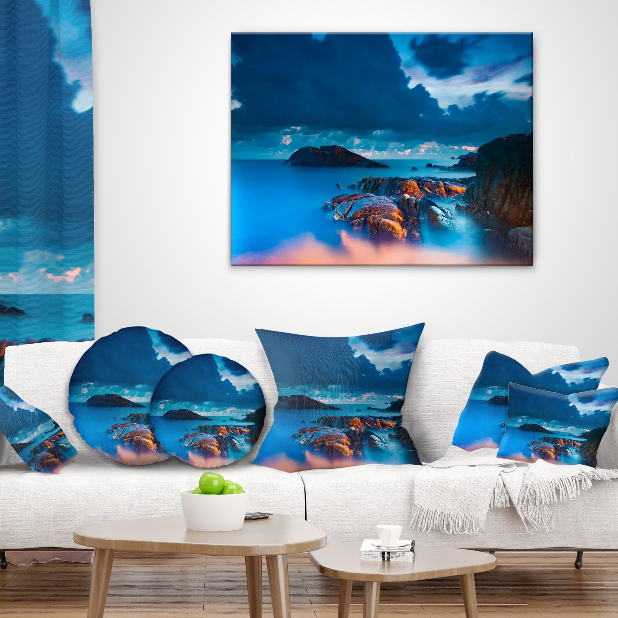 Designart Rocky Sea with Long Exposure - Seashore Photo Throw Pillow - 16x16
