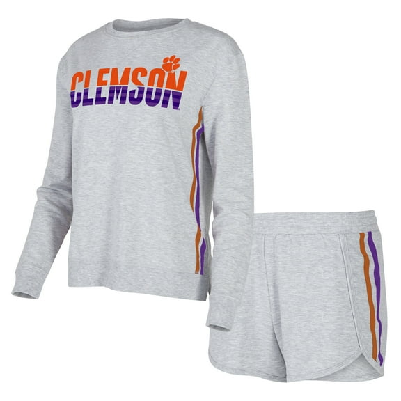 Women's Concepts Sport Gray Clemson Tigers Cedar Tri-Blend Long Sleeve Top & Shorts Sleep Set