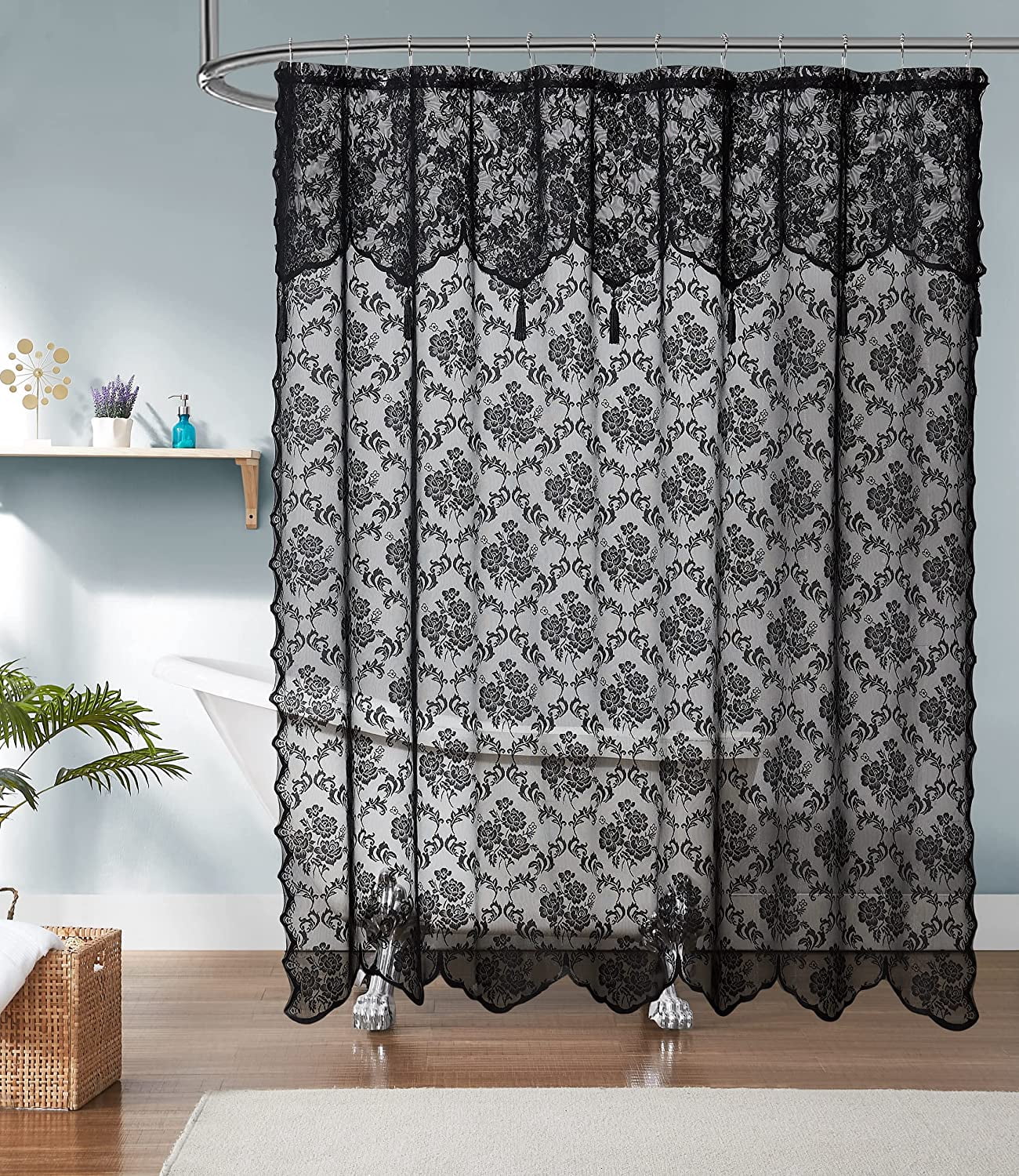 WARM HOME DESIGNS Luxury Lace Shower Curtain with Attached Valance and Elegant Tassels. MSH Black 72