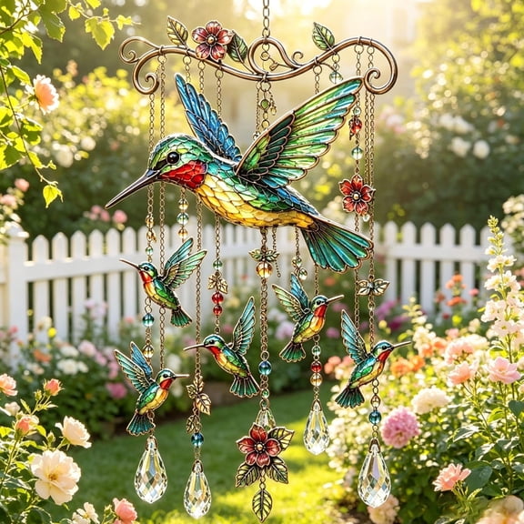 Hummingbird Wind Chime, Graceful Stained Glass & Crystal Sun Catcher Windchime, Colorful Bird Yard Decorations Outdoor, Memorial Gardening Gift for Women, Mom, Grandma Nature Lovers (A)