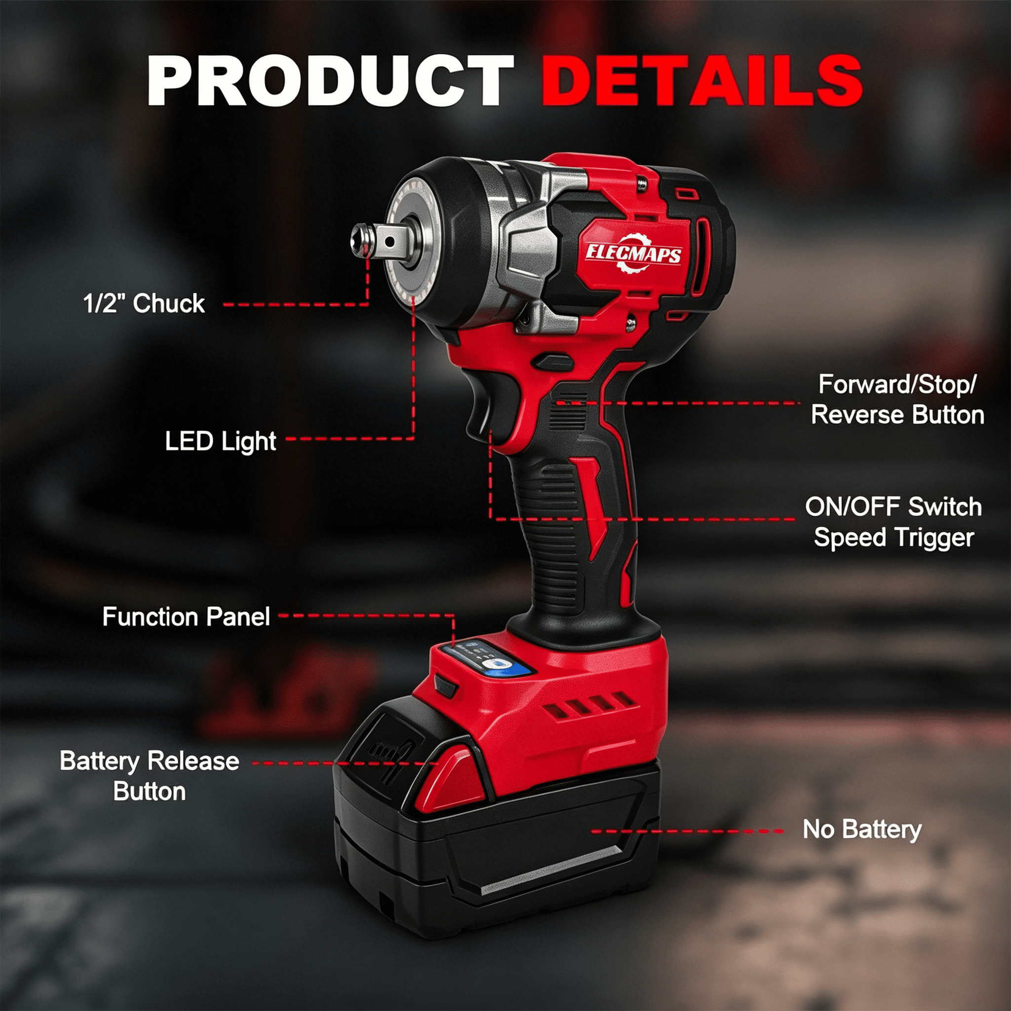 ELECMAPS 1/2 Inch Cordless Impact Wrench Set, 600N.m Brushless 4-Speed, 3-in-1 Function Compatible with Milwaukee M18 Batteries (Tool Only)