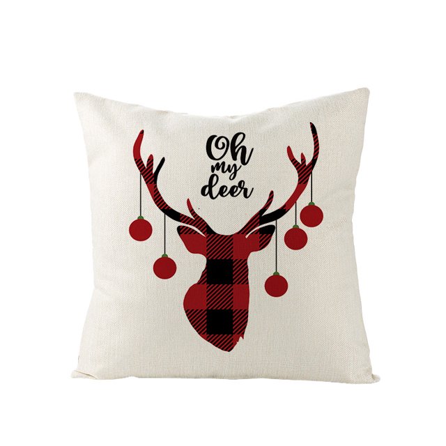 Fundas de almohada de ciervos navideños, funda de cojín decorativa a cuadros negros y rojos Funda de almohada de lino y algodón Decoraciones de sofá para interiores 18 × 18 pulgadas (45 × 45 cm) kaili Sencillez